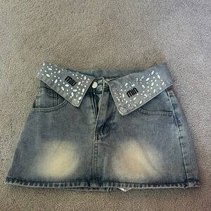 Embellished Denim Mini Skirt - Gray with Crystal Detail size XS!